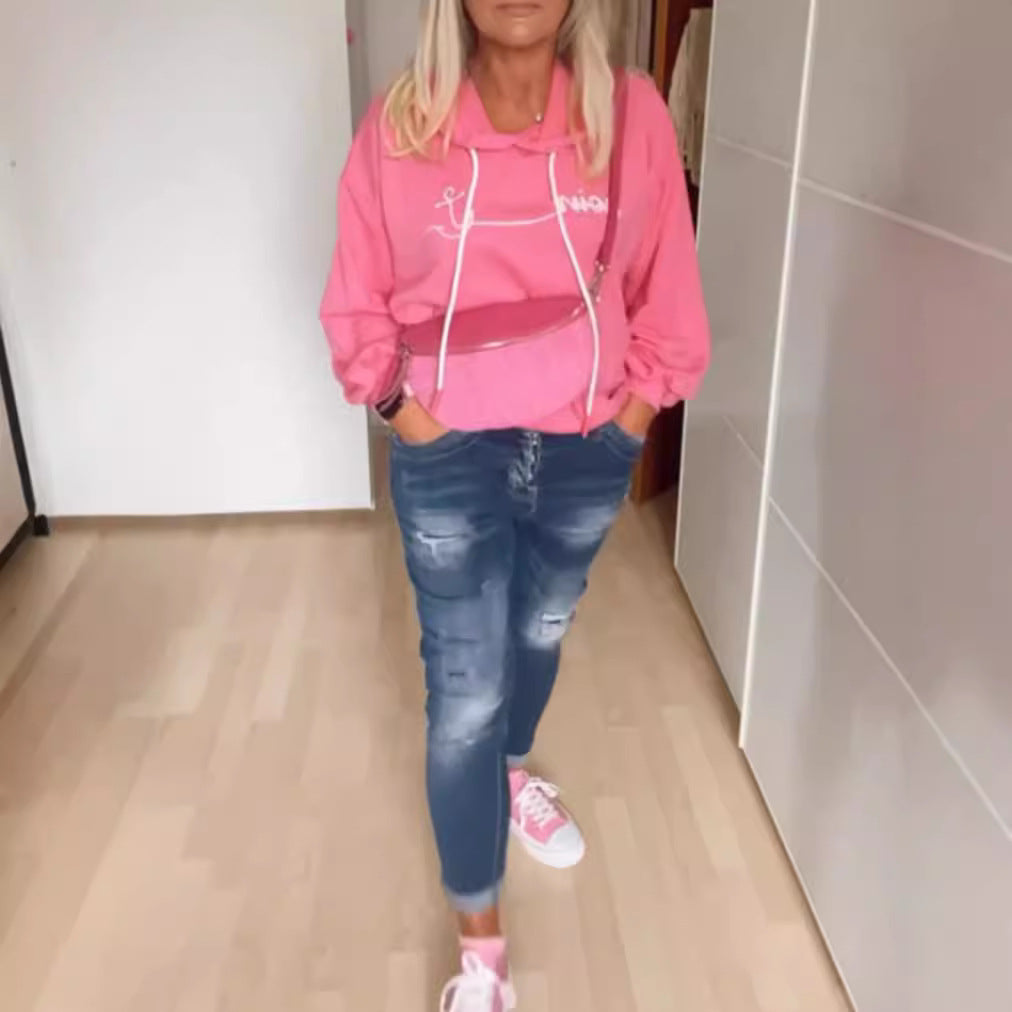 Damen nan lässiger Kapuzenpullover mit minimalistischer Liniengrafik, Kordelzug und geripptem Saum R&B