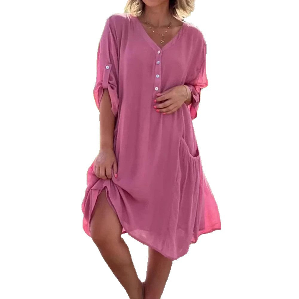 Damen nan luftiges V-Ausschnitt Strandkleid mit Knopfleiste, Krempelärmeln und aufgesetzten Seitentaschen R&B