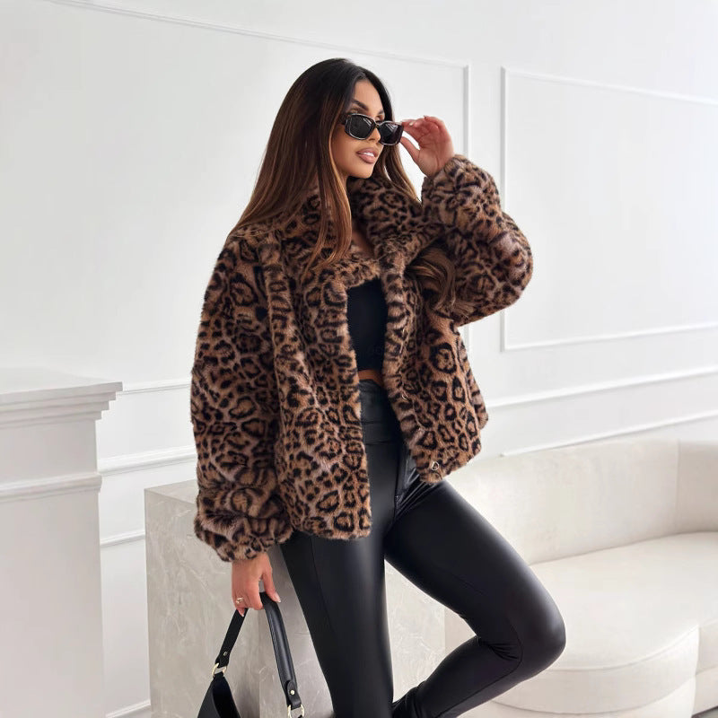 Damen kuschelige Leopardenfelljacke R&B