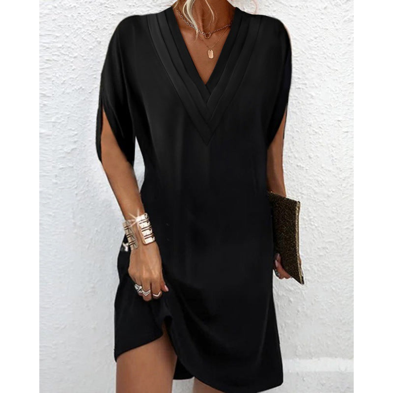 Damen elegantes V-Ausschnitt Kleid mit seitlichen Schlitzen und lässigem Schnitt R&B