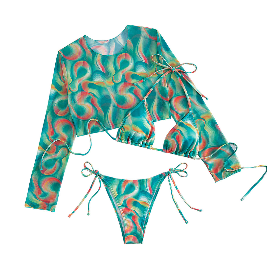 Damen Bikini-Set mit langärmligem Oberteil und verspielten Bindebändern R&B