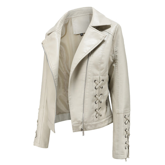 Damen modische Kunstlederjacke mit raffinierten Schnürdetails R&B