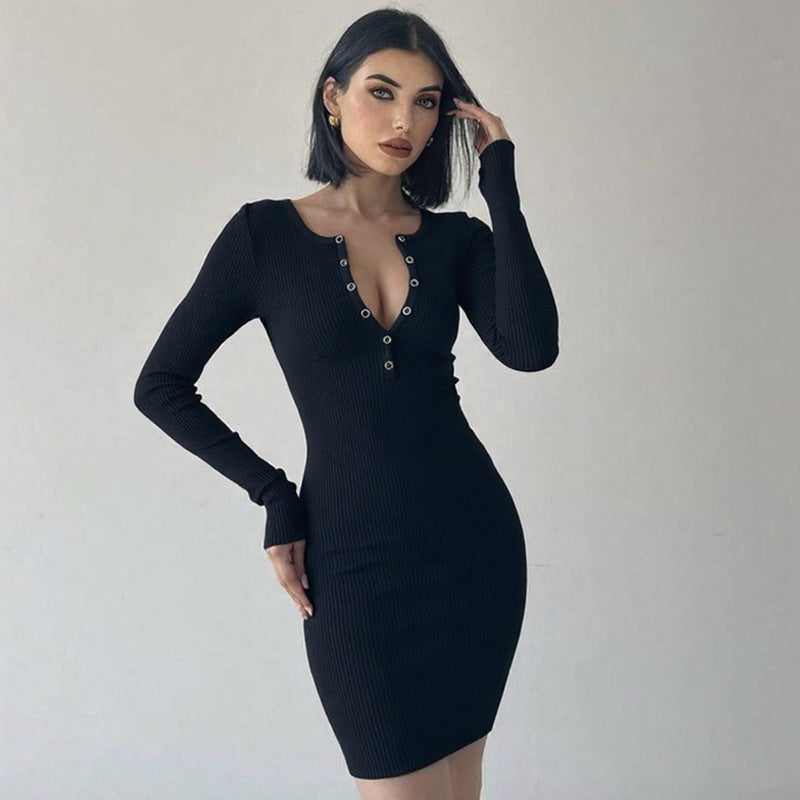 Damen figurbetontes Knit-Kleid mit Knopfleiste und tiefem V-Ausschnitt R&B