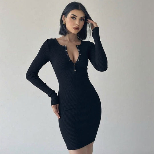 Damen figurbetontes Knit-Kleid mit Knopfleiste und tiefem V-Ausschnitt R&B