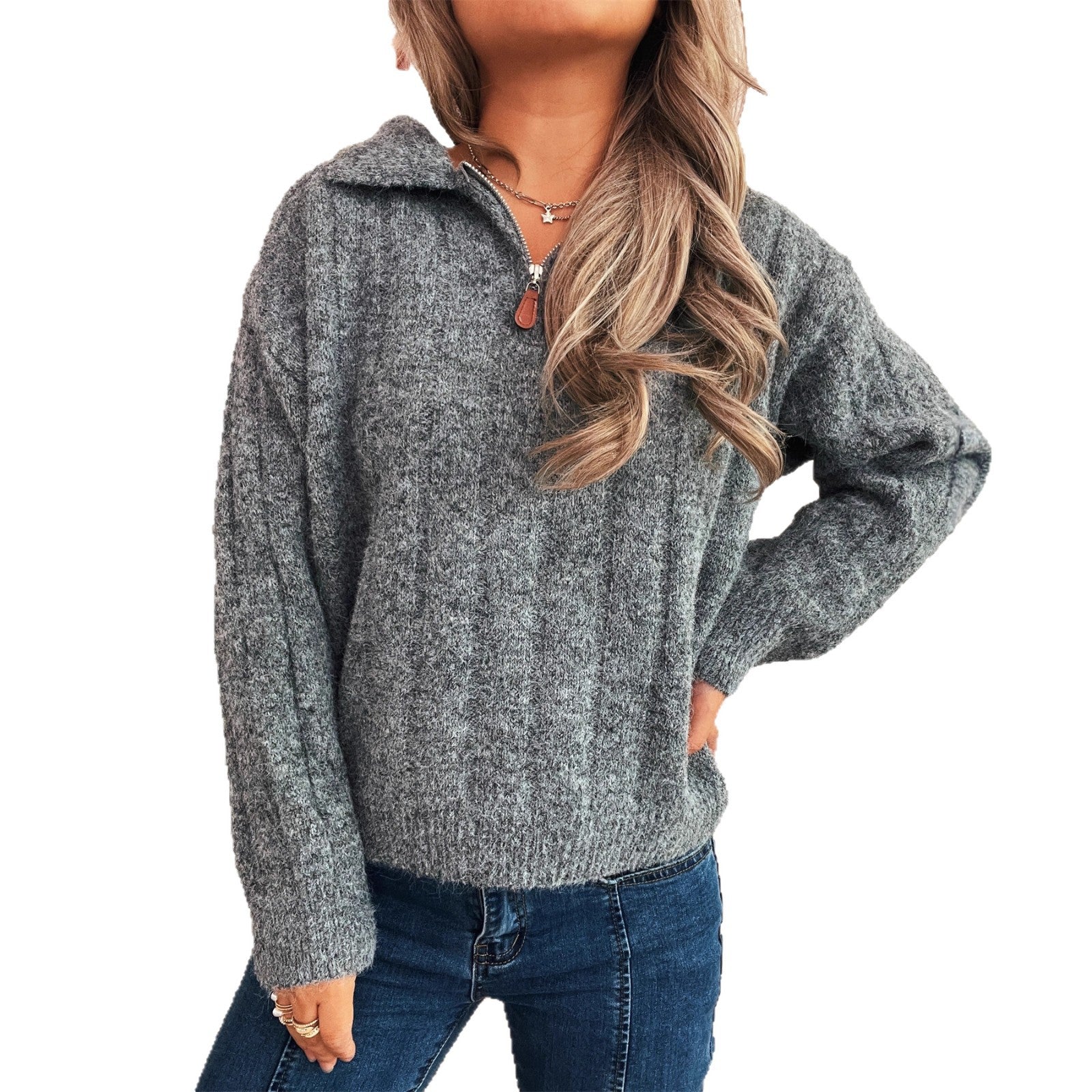Damen Strickpullover mit kurzer Reißverschlussleiste und Wellenstruktur R&B