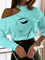 Damen Designer Off-Shoulder Shirt mit stylischem Gesichtsdruck R&B