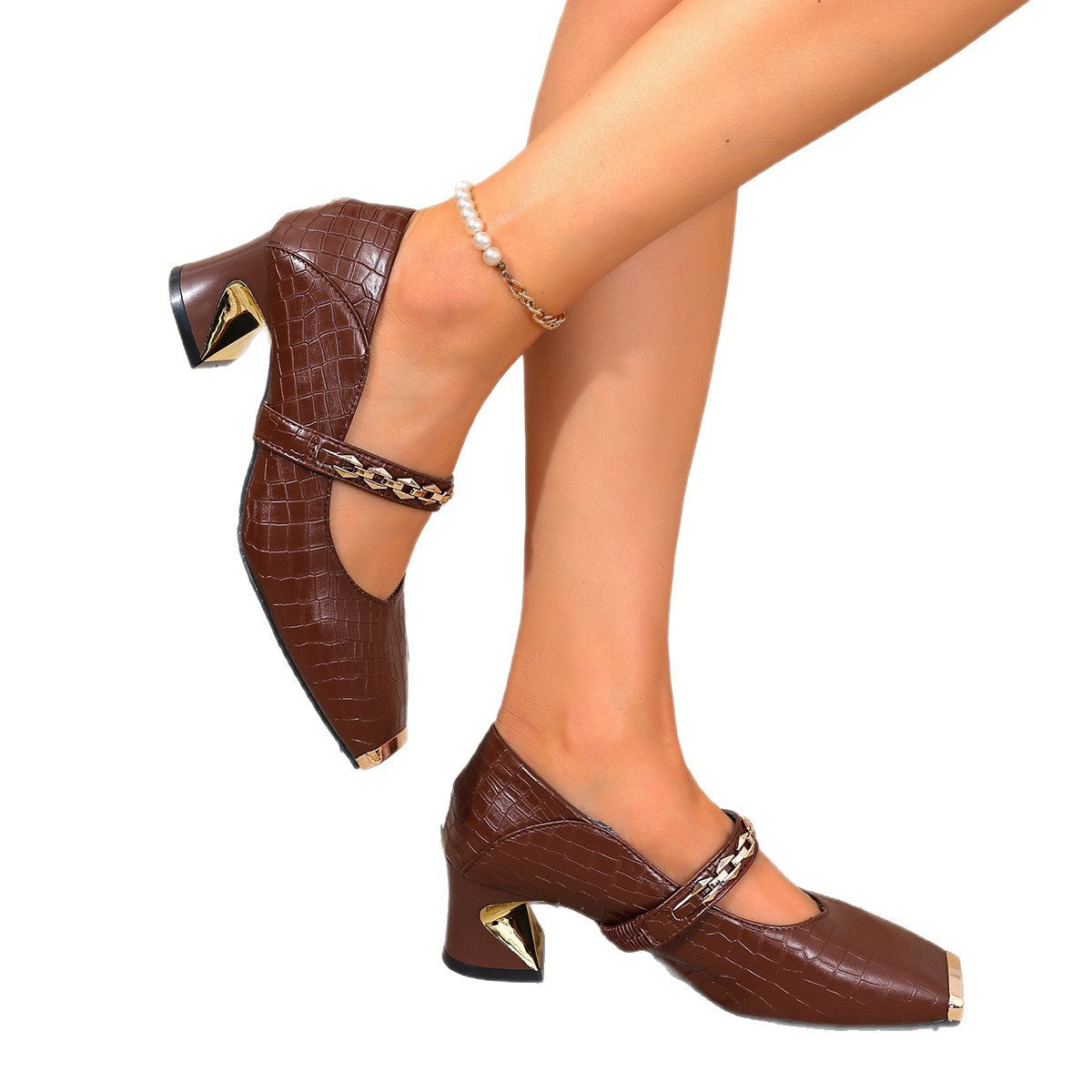 Damen elegante Pumps mit schicker Kettenapplikation und modischem Glanz R&B