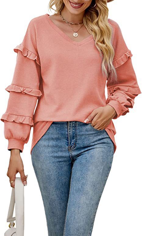 Damen Rüschensweater mit V-Ausschnitt R&B