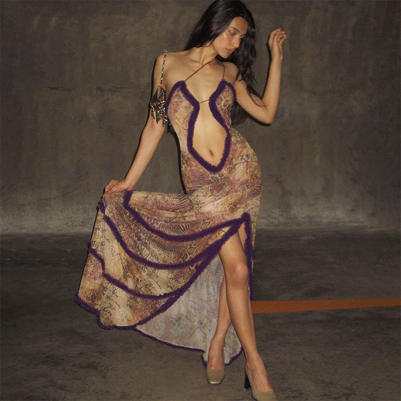Damen Verführerisches Maxikleid mit tiefem V-Ausschnitt und Rüschendetails R&B