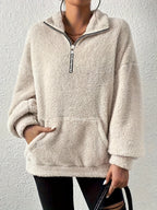 Damen kuscheliger Fleece-Pullover mit halbem Reißverschluss und Seitentaschen