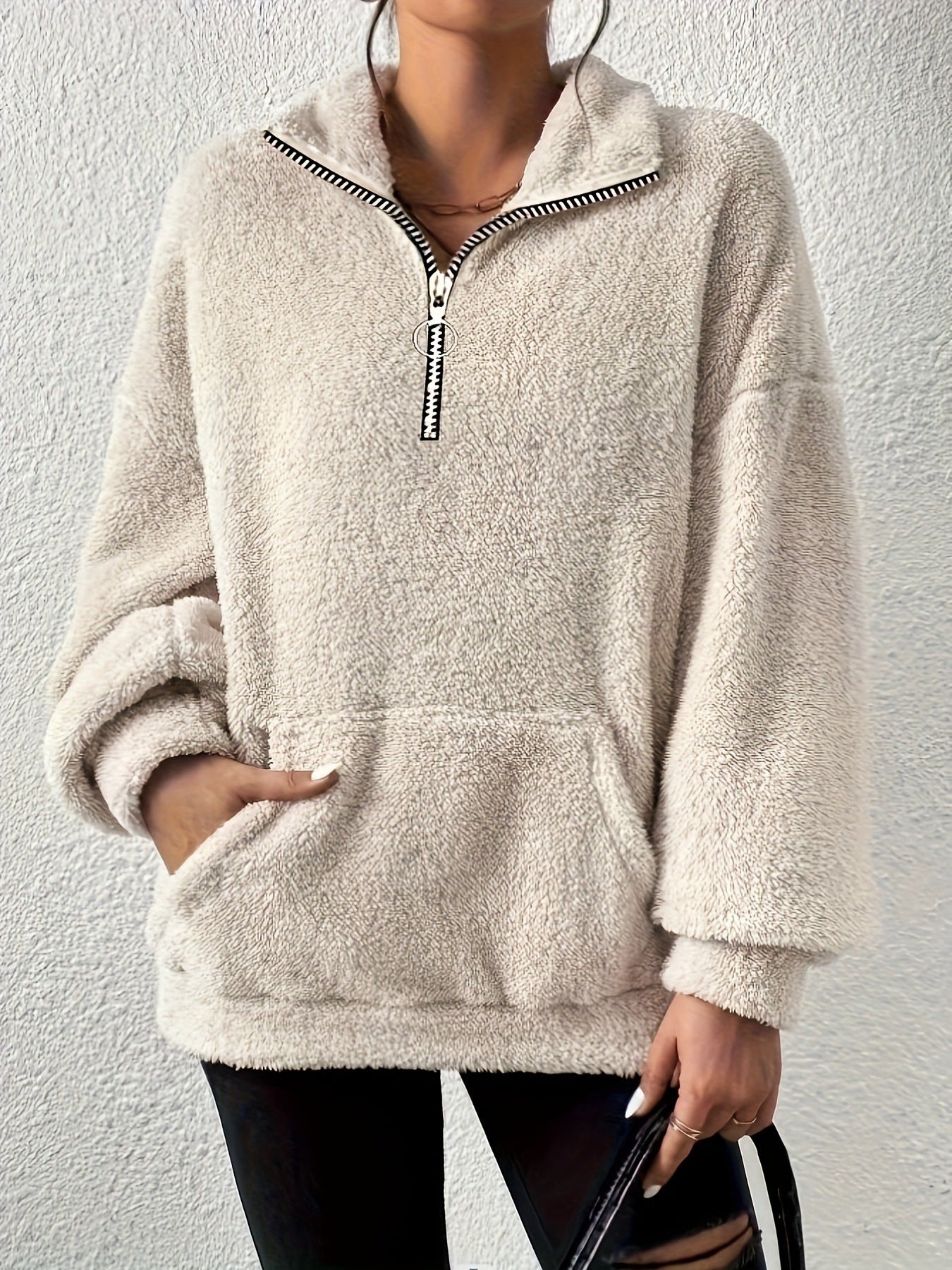 Damen kuscheliger Fleece-Pullover mit halbem Reißverschluss und Seitentaschen