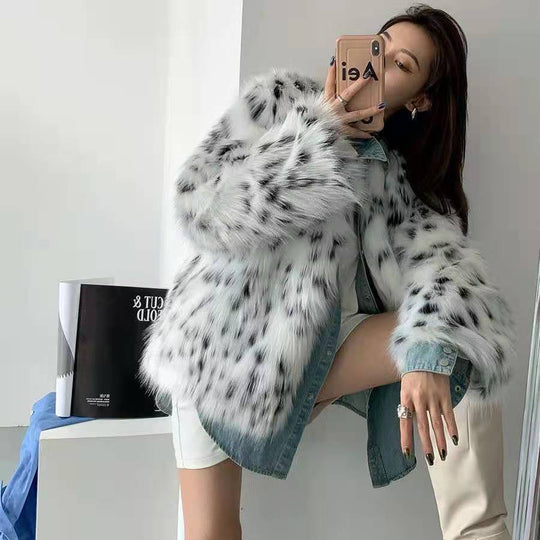 Damen Trendige Kunstfelljacke mit auffälligem Muster und voluminösem Schnitt R&B