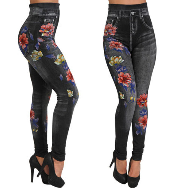 Damen Floral-Design Hochbund-Leggings aus Denim R&B