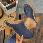 Damen Offene Clogs mit floralem Cut-Out Design und klobigem Absatz R&B
