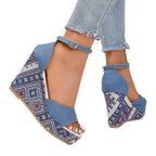 Damen Wedge-Pantoletten mit buntem Muster und elastischem Riemen R&B