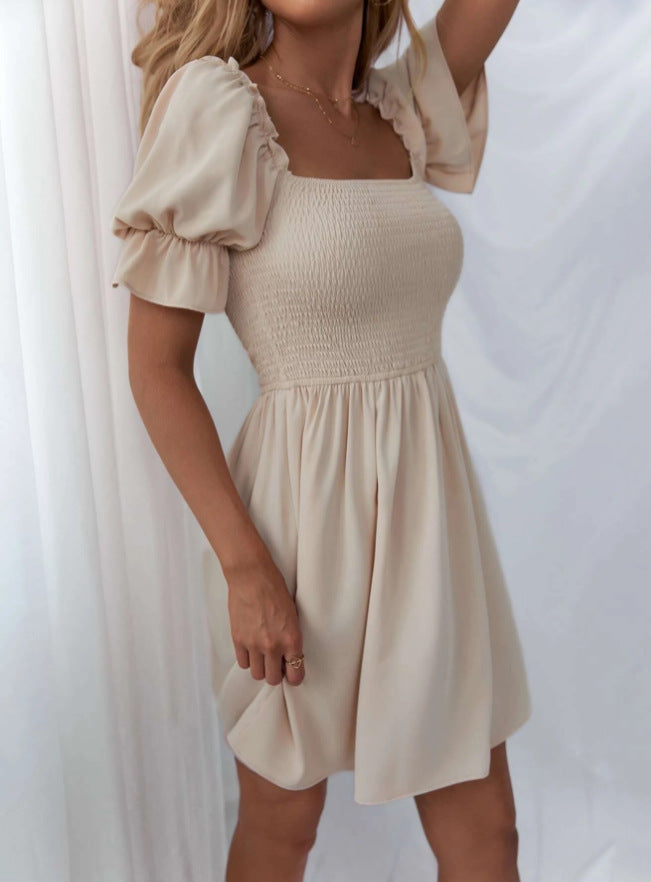 Damen kurzes Kleid mit Puffärmeln und gerafftem Oberteil R&B