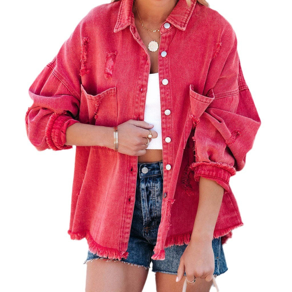 Damen Oversized Denim-Bluse mit Fransen R&B
