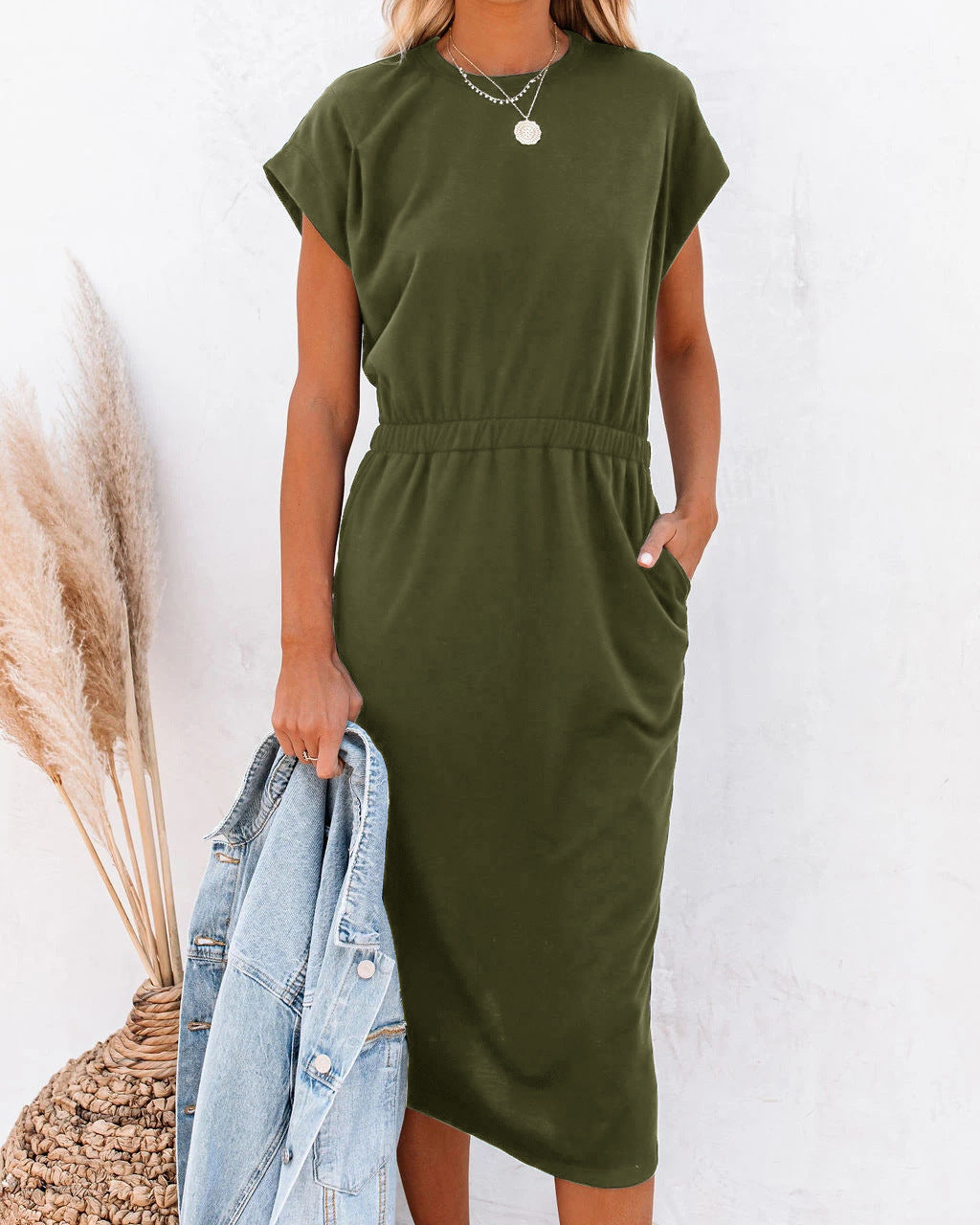 Damen Entspanntes Midikleid mit elastischem Taillenzug und Seitentaschen R&B