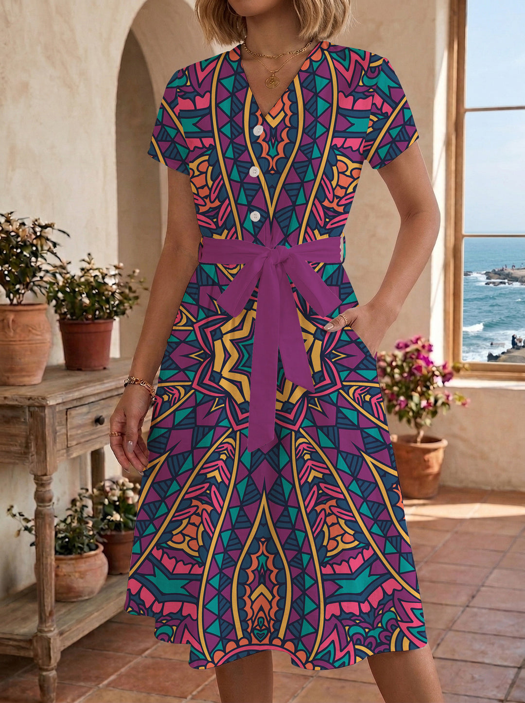 Damen Midi-Kleid mit floralem Design und bequemer Passform R&B