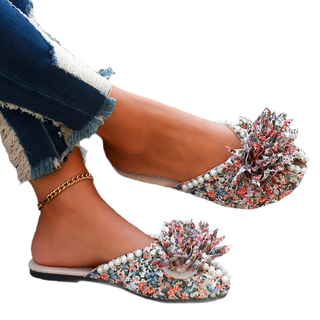 Damen Pantoletten mit floralem Design und eleganten Perlen R&B