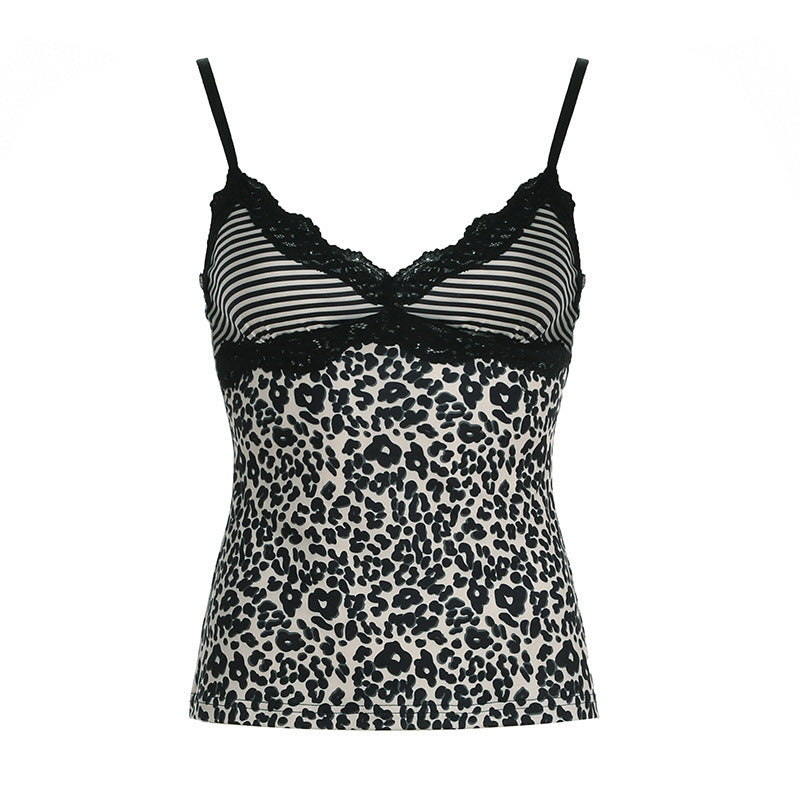 Damen Spaghetti-Trägertop mit elegantem Spitzenbesatz und R&Brnem Leopardenmuster R&B