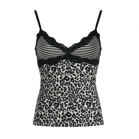 Damen Spaghetti-Trägertop mit elegantem Spitzenbesatz und modernem Leopardenmuster R&B