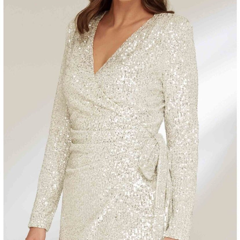 Damen Glamouröses Pailletten-Kleid mit Wickeloptik und langen Ärmeln R&B