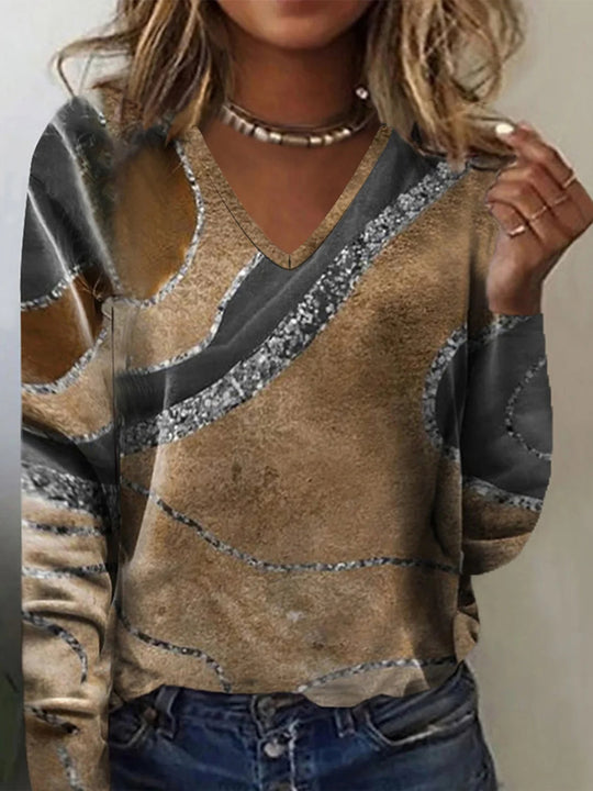 Damen V-Ausschnitt Langarmshirt mit modernem Wellendesign R&B
