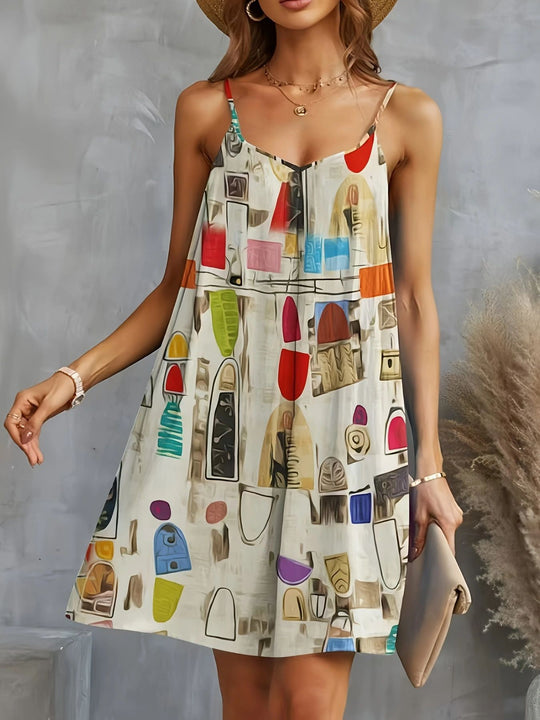 Damen luftiges Sommerkleid mit buntem geometrischem Muster und Kreuzträgern R&B