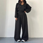 Damen nan luxuriöses Freizeitset Kapuzenpullover mit V-Ausschnittdetail und Culotte mit hoher Taille R&B