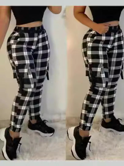 Damen Karierte Cargo-Hose mit elastischem Bund und vielseitigen Taschen R&B