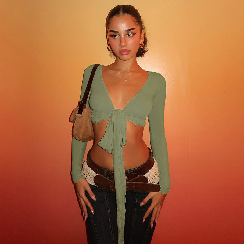 Damen Crop-Top mit verspieltem BindR&Band und langen Ärmeln R&B