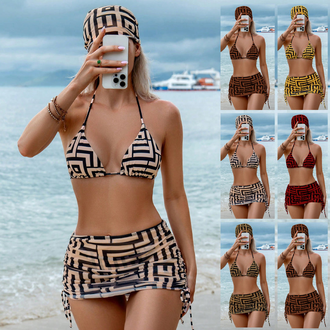 Damen Triangel-Bikini mit Wickelrock und grafischem Muster R&B