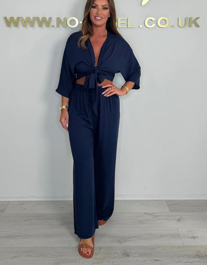 Damen Eleganter Jumpsuit mit verspieltem Knoten und weit geschnittenen Beinen R&B