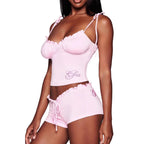 Damen Satin Schlafanzug-Set mit Rüschendetails und verstellbaren Trägern R&B