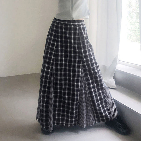 Damen Eleganter Maxirock mit kontrastierenden Karomustern und seitlichen Schlitzen R&B