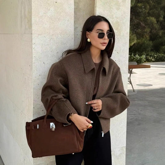 Damen lässige oversized Jacke mit Reißverschluss und schmalem Kragen R&B