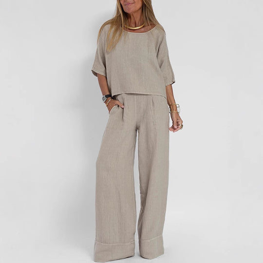 Damen luftiges Leinen-Ensemble mit weitem Schnitt und praktischen Taschen R&B