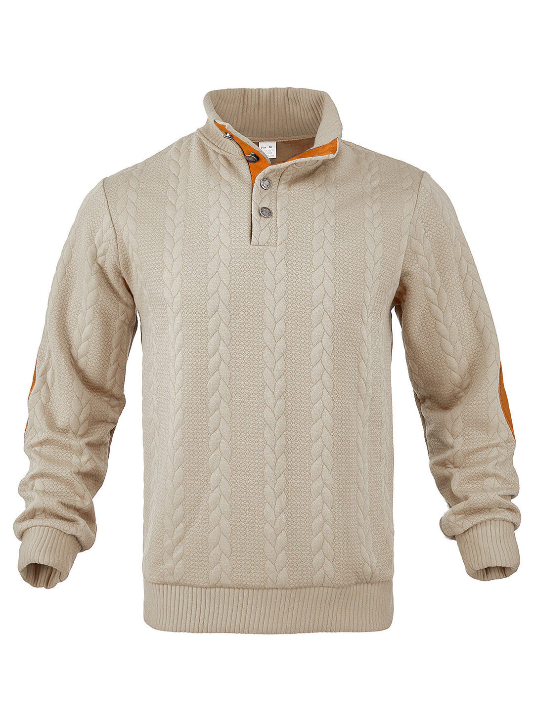 Herren nan Zopfmuster-Halbknopf-Pullover mit hohem Stehkragen und Wildleder-Ellbogenpatches R&B