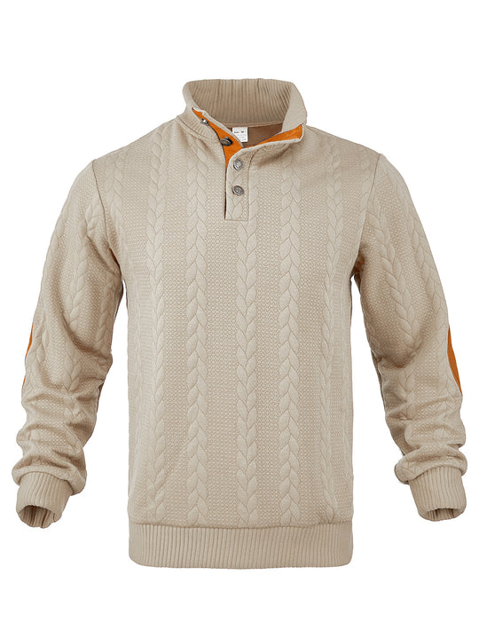 Herren nan Zopfmuster-Halbknopf-Pullover mit hohem Stehkragen und Wildleder-Ellbogenpatches R&B