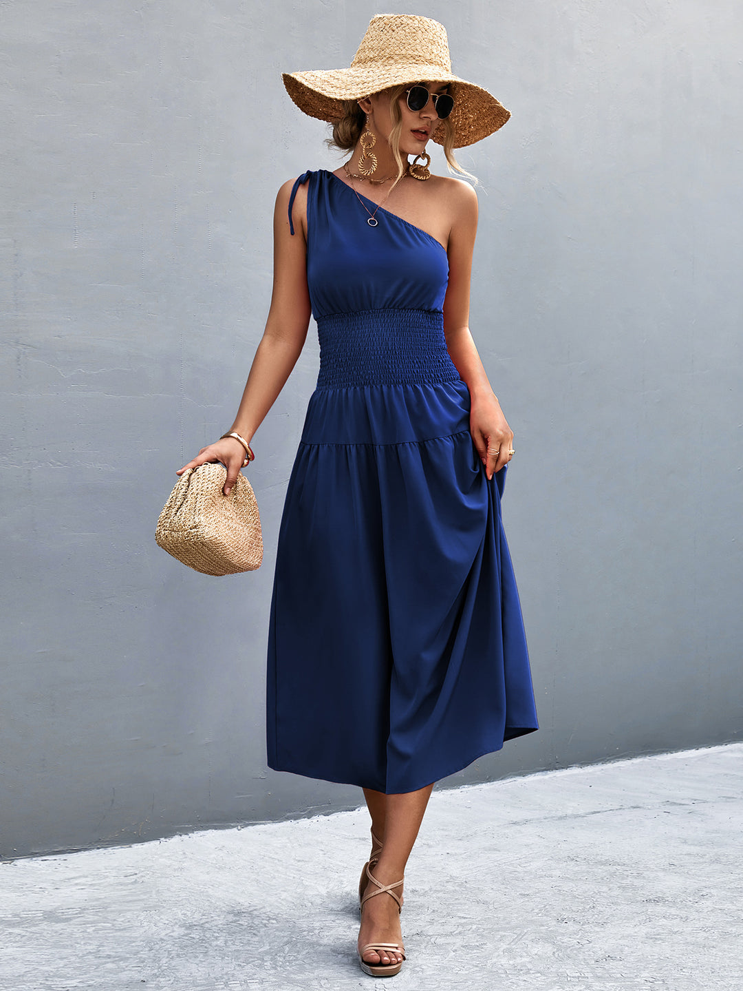 Damen Midikleid mit schnörkellosem Ein-Schulter-Design und elastischem Taillenband R&B