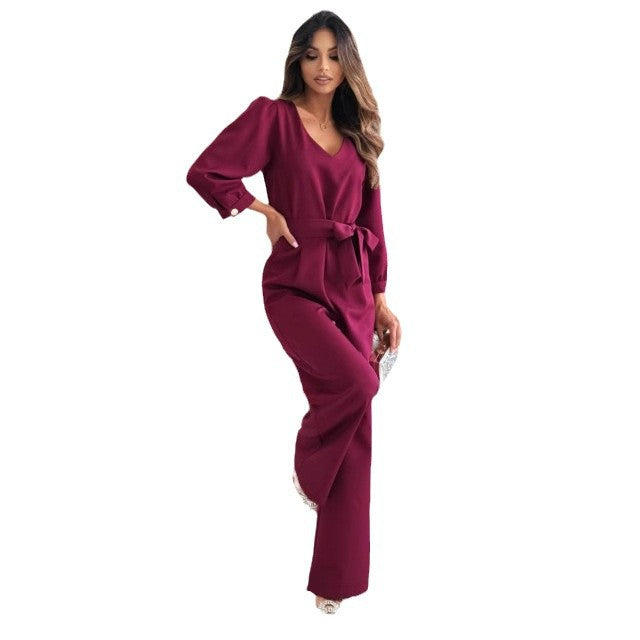 Damen Eleganter Jumpsuit mit taillierbarem Gürtel und V-Ausschnitt R&B