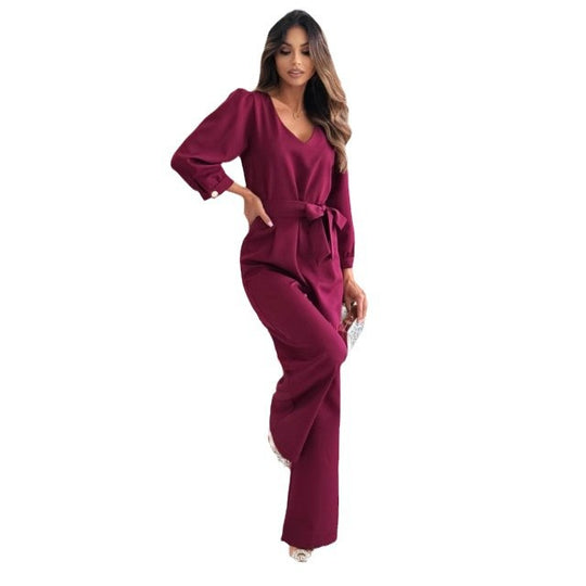 Damen Eleganter Jumpsuit mit taillierbarem Gürtel und V-Ausschnitt R&B