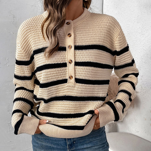 Damen gestreifter Pullover mit Knopfleiste aus strukturierter Wolle R&B