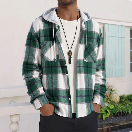 Herren Karierte Flanelljacke mit Hoodie und praktischen Taschen R&B