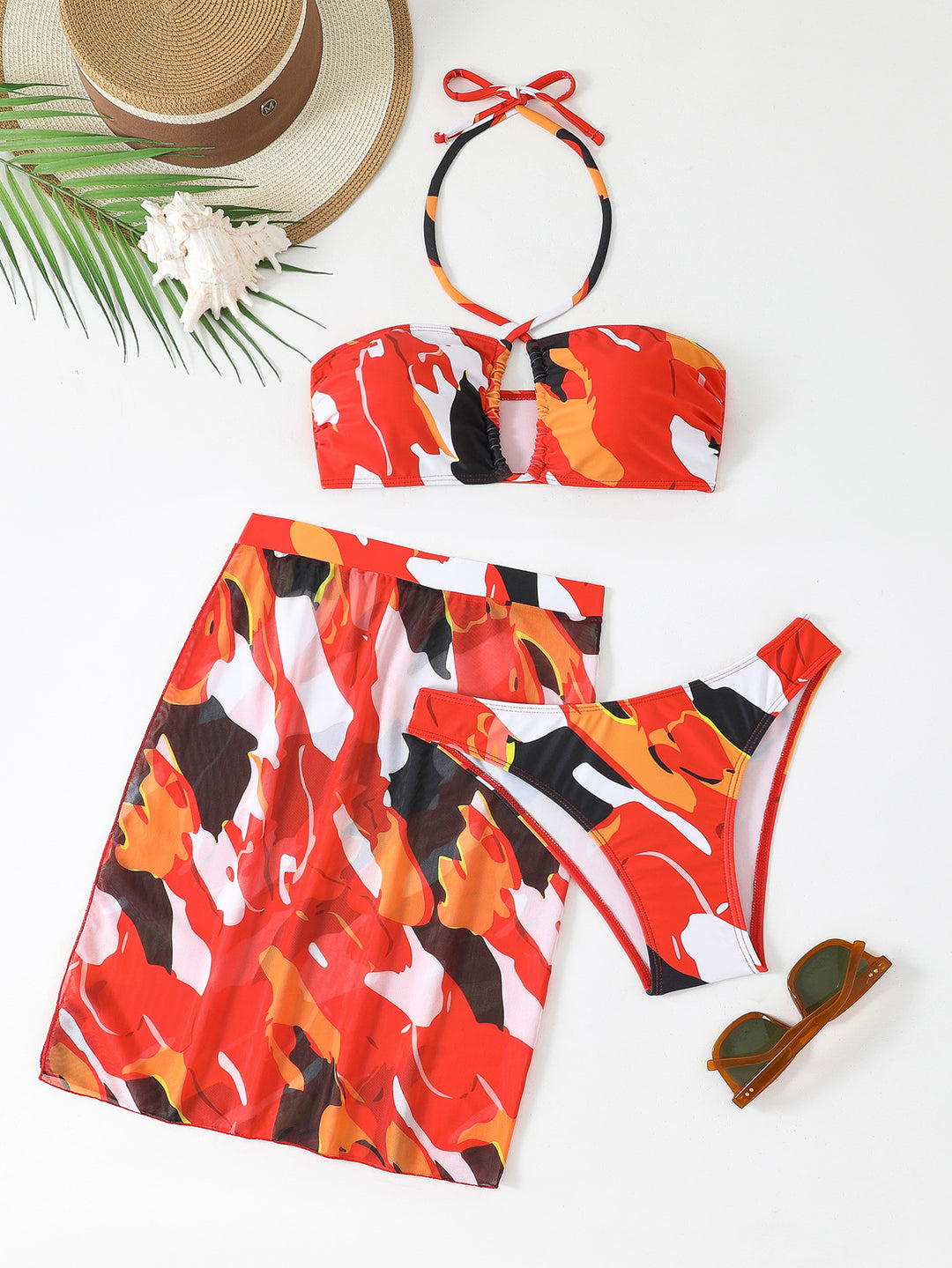 Damen Bunt bedrucktes Bikini-Set mit luftigem Überrock R&B