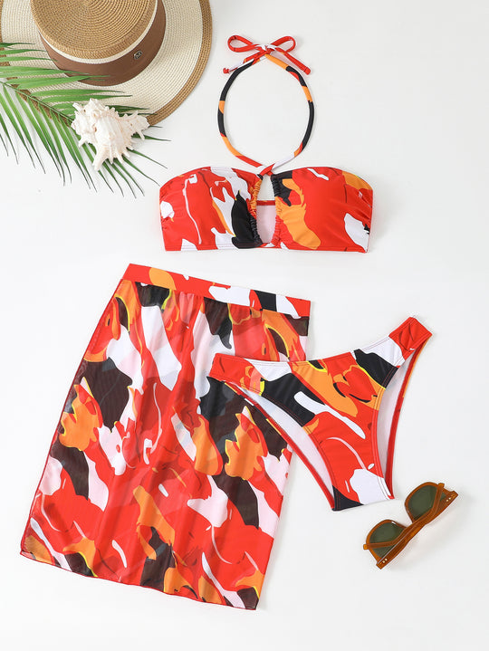 Damen Bunt bedrucktes Bikini-Set mit luftigem Überrock R&B