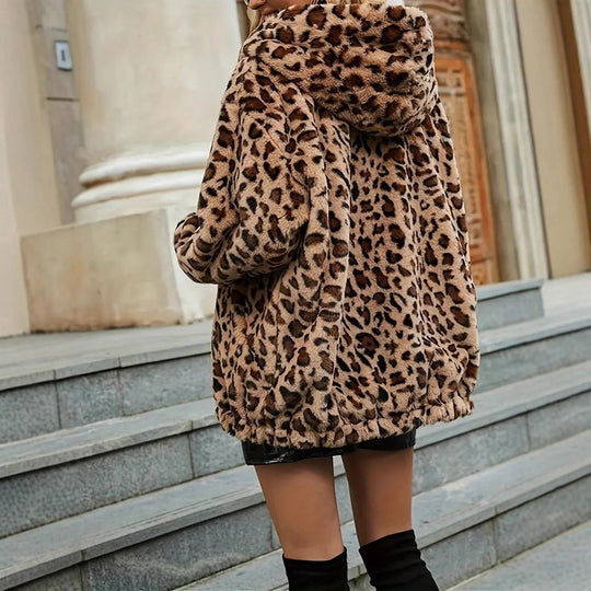 Damen Kunstfelljacke mit modernem Leopardenmuster und Kapuze R&B