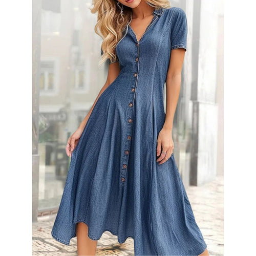 Damen Knopf-Up Denim Midi Kleid R&B