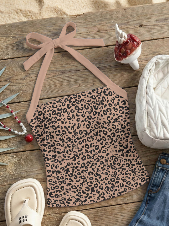Damen Neckholder Top mit verspieltem Leopardenmuster R&B